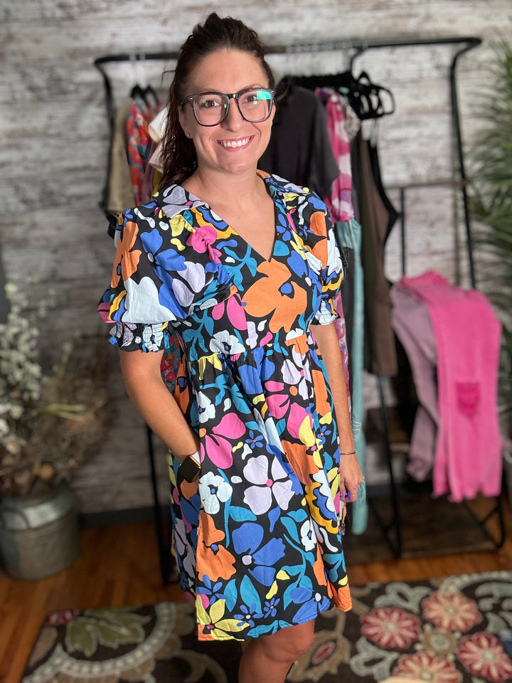 Collared Split Neck Floral Dress