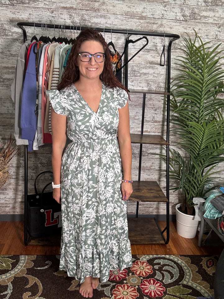 Floral Ruffle Sleeve V Neck Midi Dress