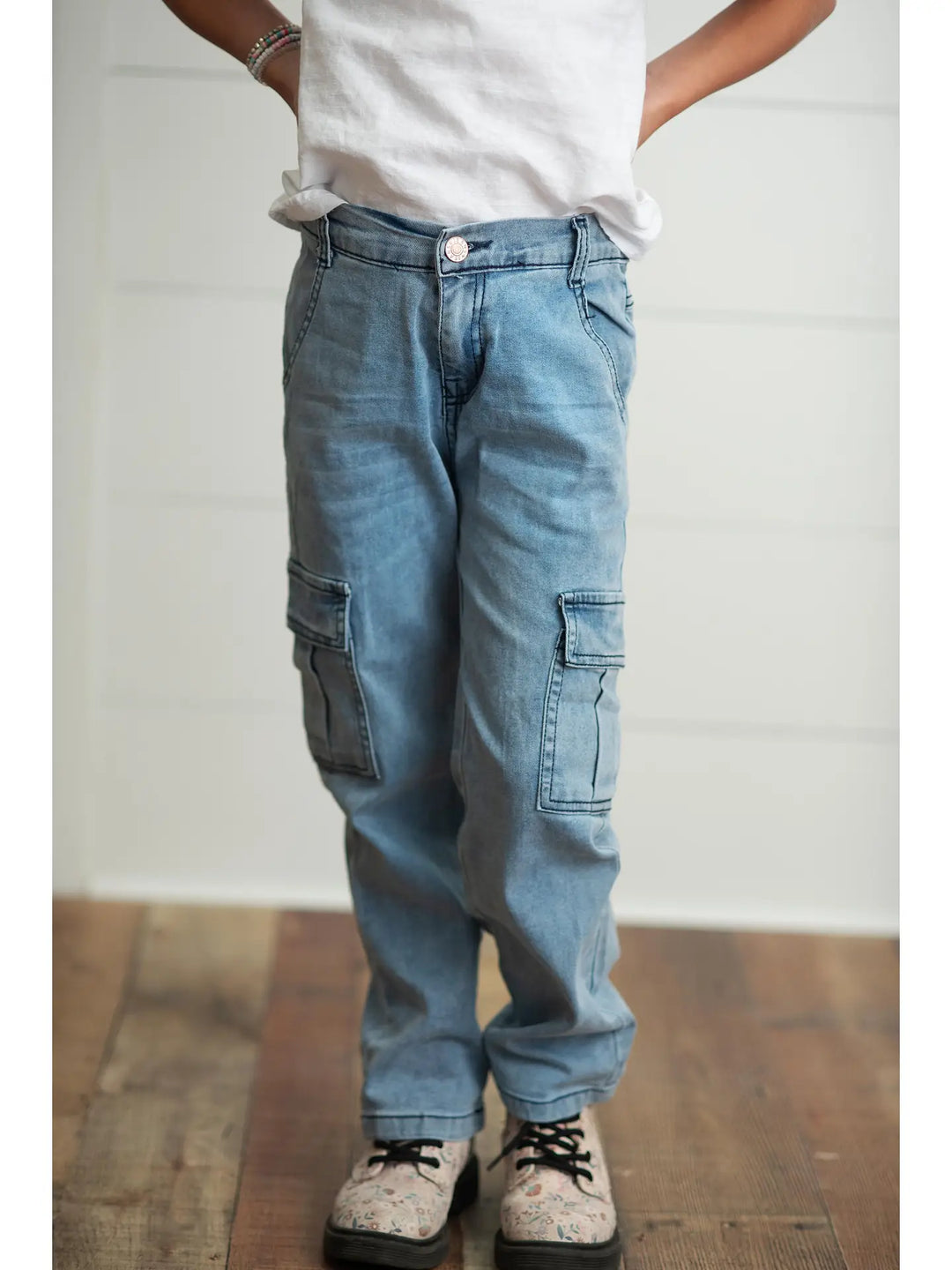 Kids Light Wash Faded Denim Cargo Jean Pant with Pockets