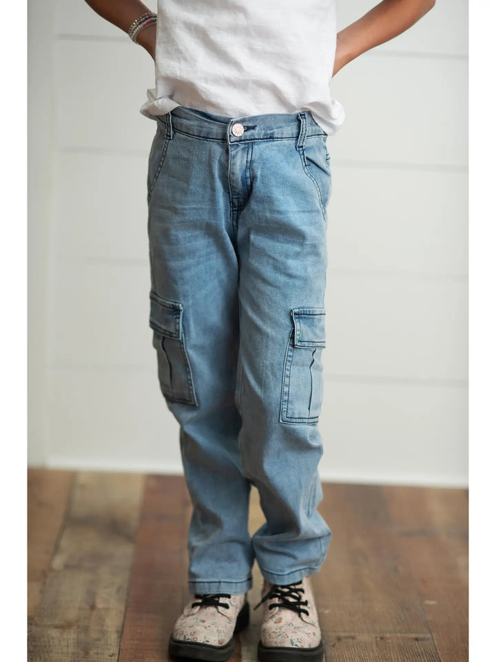Kids Light Wash Faded Denim Cargo Jean Pant with Pockets