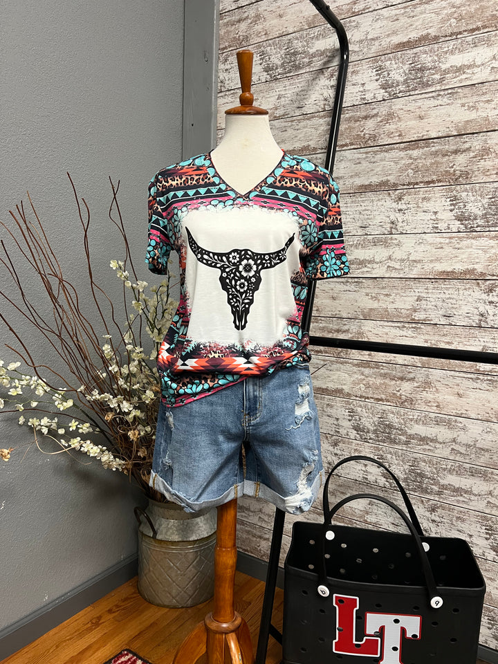 Western Flower Bull V-neck Top