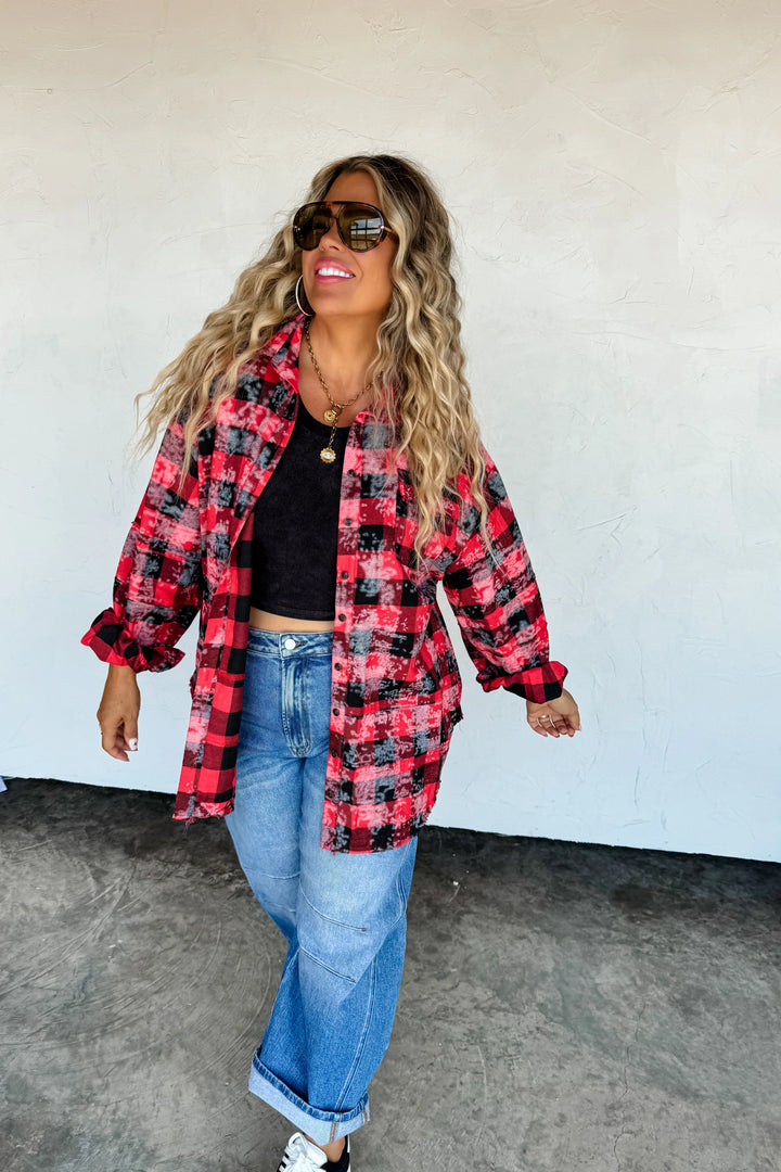 Juniper Red & Black Checkered Bleached Plaid Top