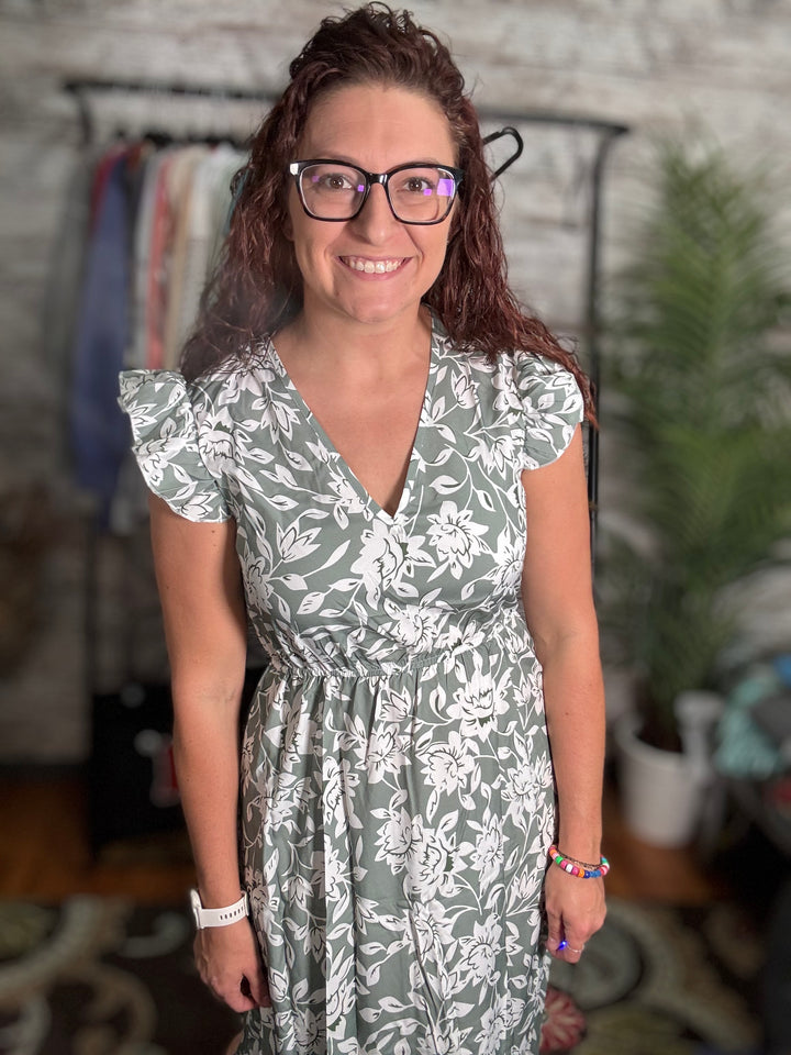 Floral Ruffle Sleeve V Neck Midi Dress