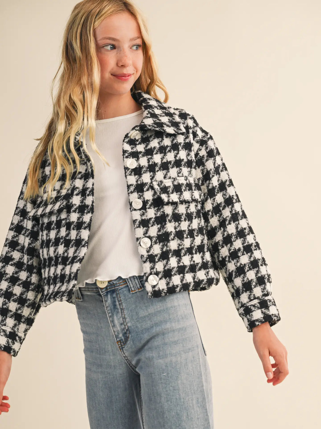 Tween Kids Girls Tweed Houndstooth Pattern Jacket