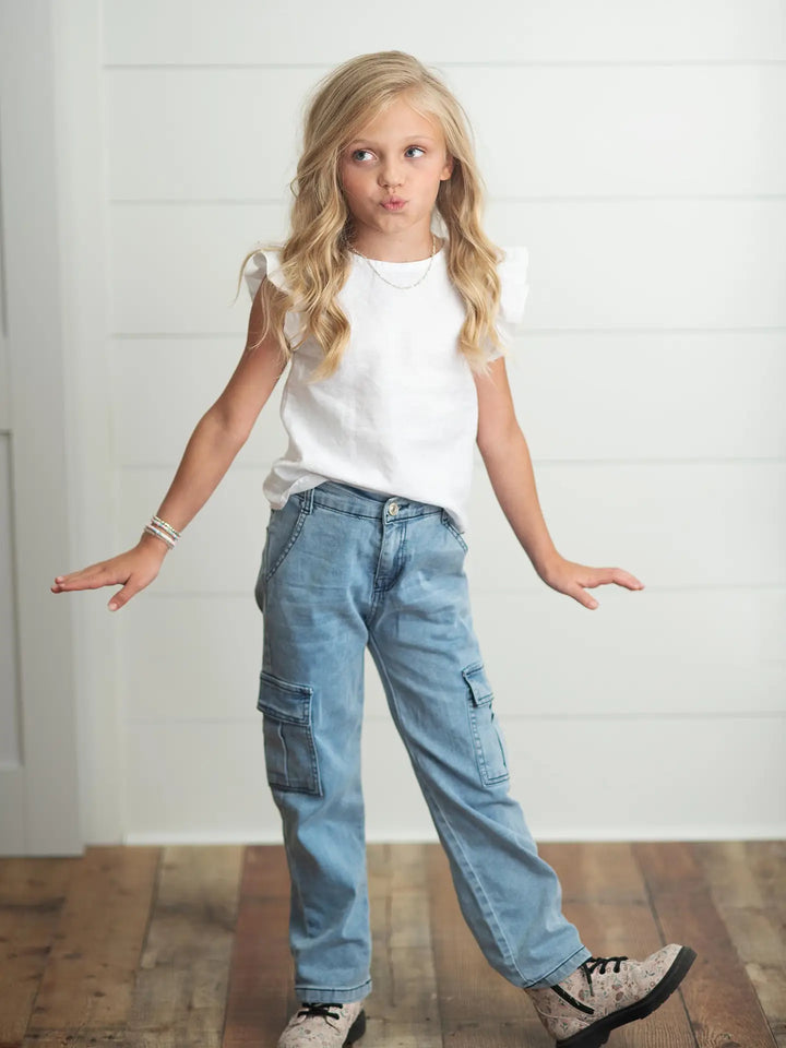 Kids Light Wash Faded Denim Cargo Jean Pant with Pockets
