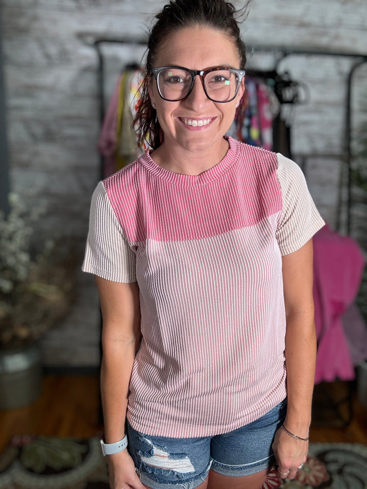 Pink Ribbed Color Block Top