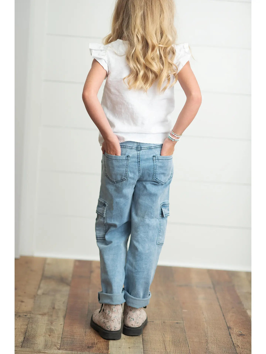 Kids Light Wash Faded Denim Cargo Jean Pant with Pockets