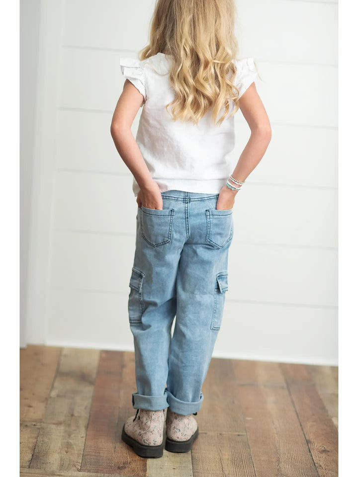 Kids Light Wash Faded Denim Cargo Jean Pant with Pockets