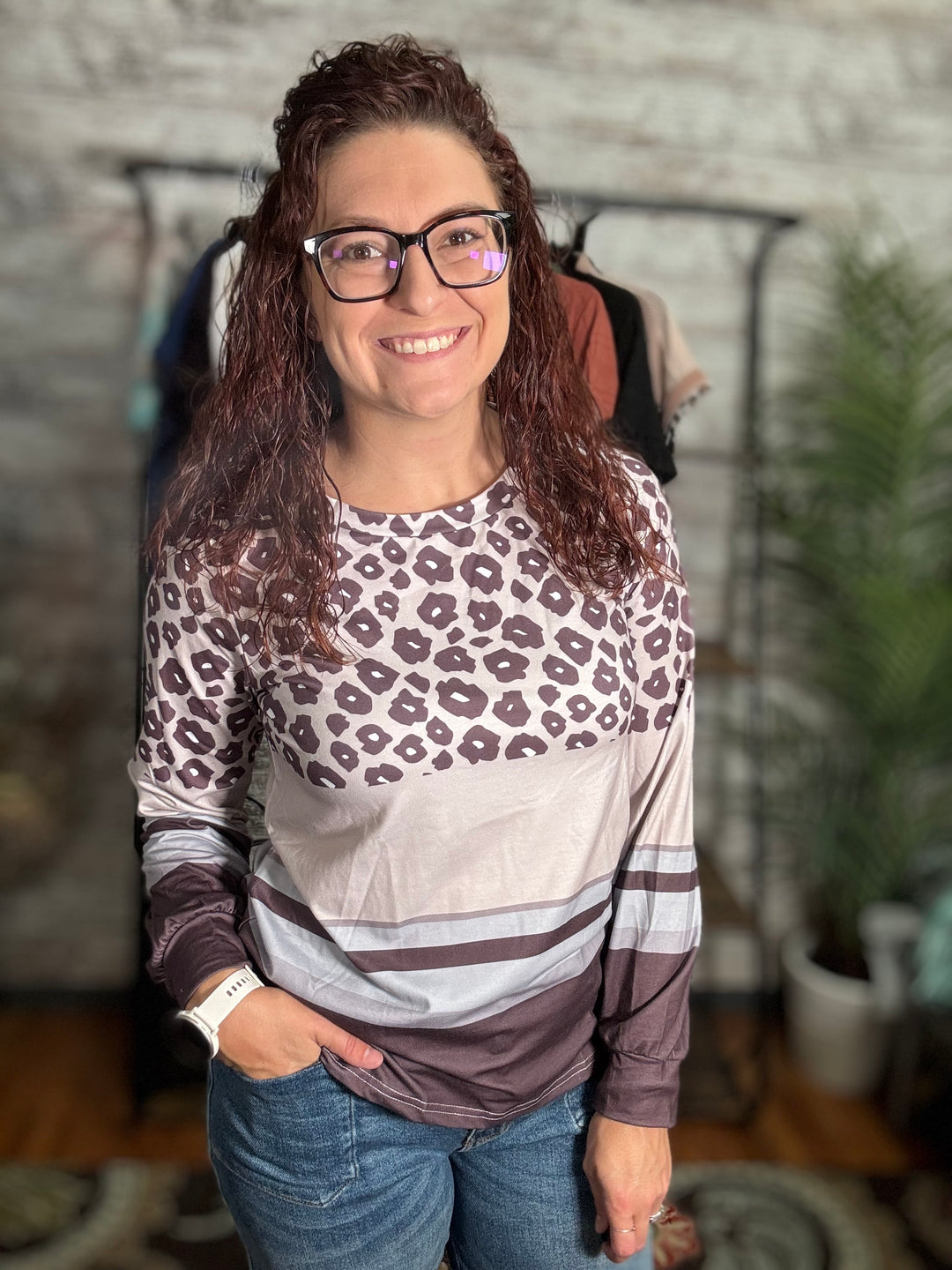 Brown Leopard Color Block Crewneck Long Sleeve Top