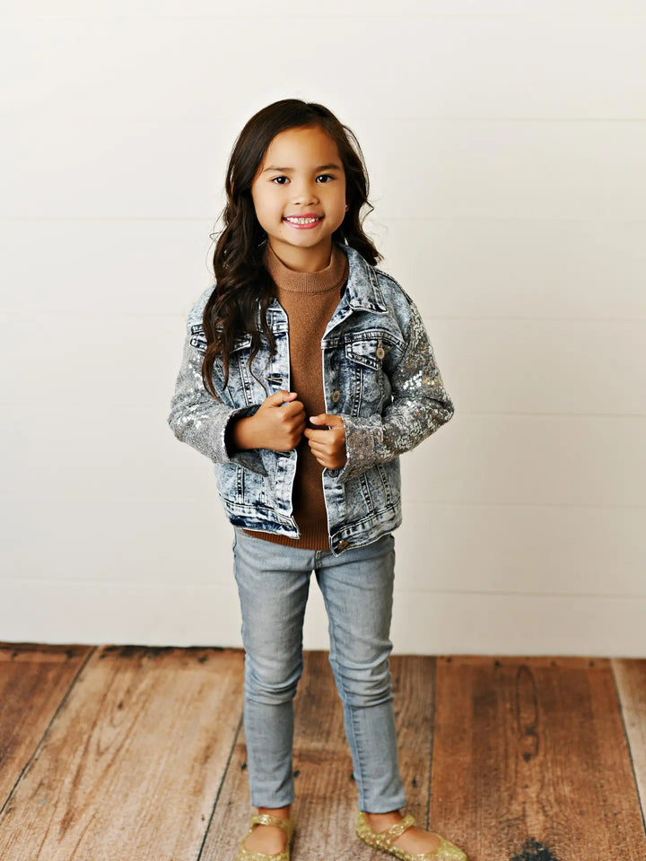 Kids Silver Sequin & Light Wash Denim Button Pocket Jacket