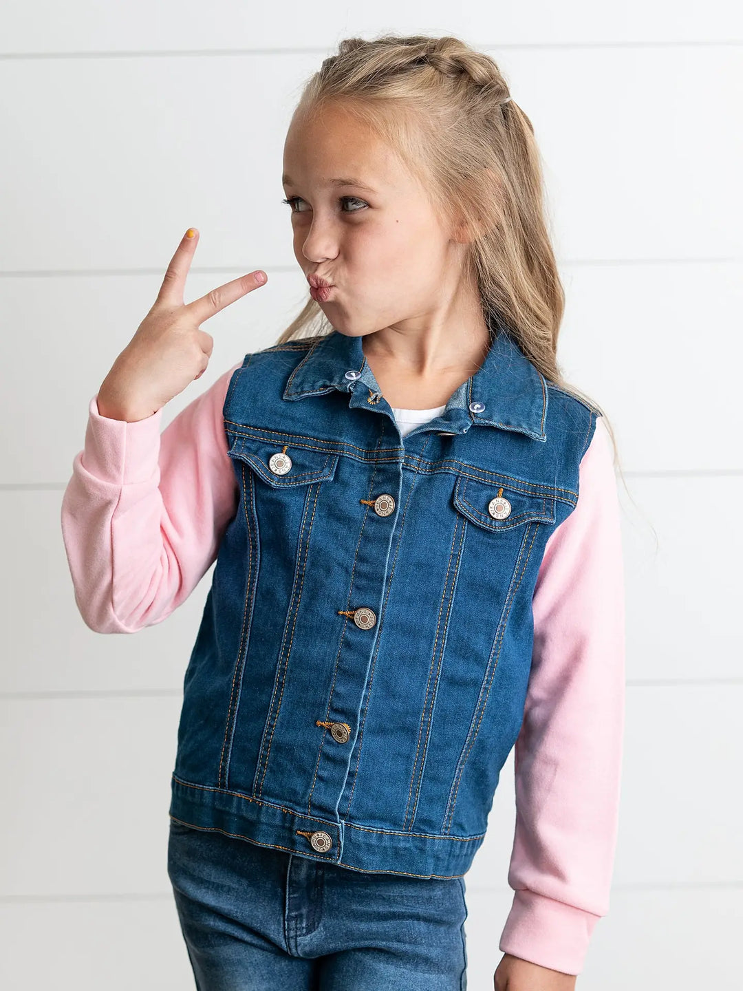 Kids Pink Hooded Denim Button Fall Winter Jacket