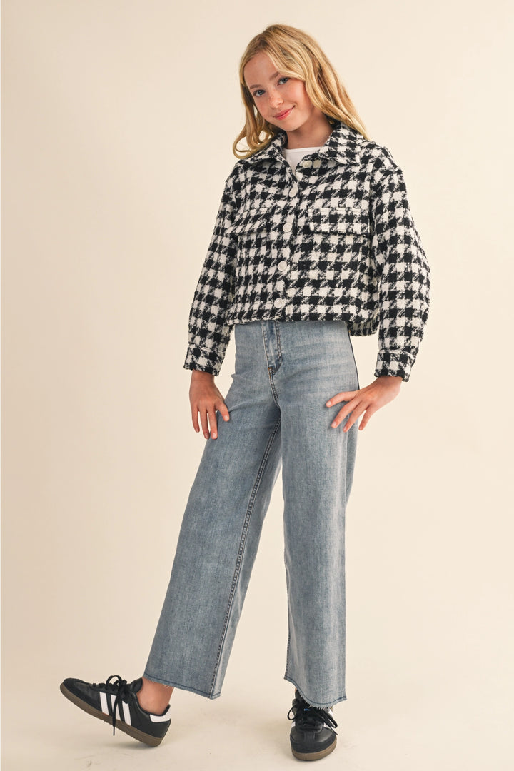 Tween Kids Girls Tweed Houndstooth Pattern Jacket