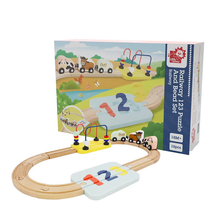 Wooden Railway 123 Puzzle and Bead Set 18-Pieces
