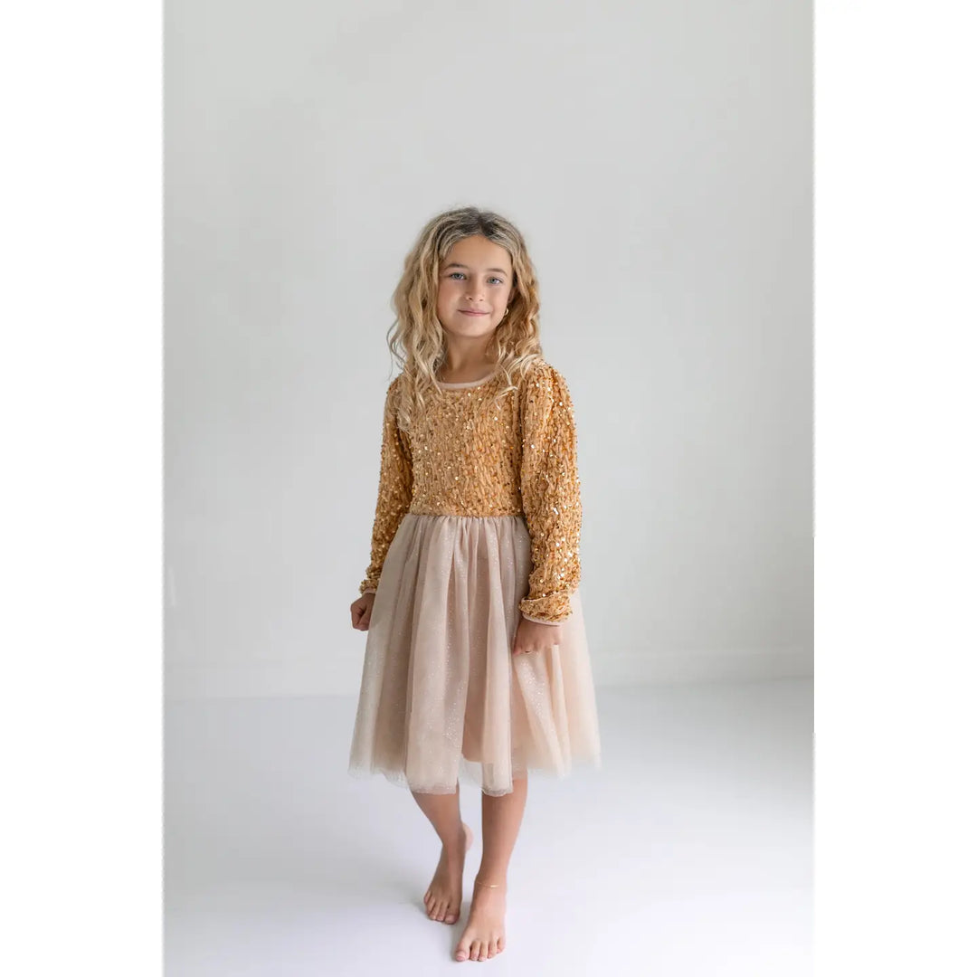 Kids Sequin Champagne Holiday Fancy Sparkle Tulle Dress