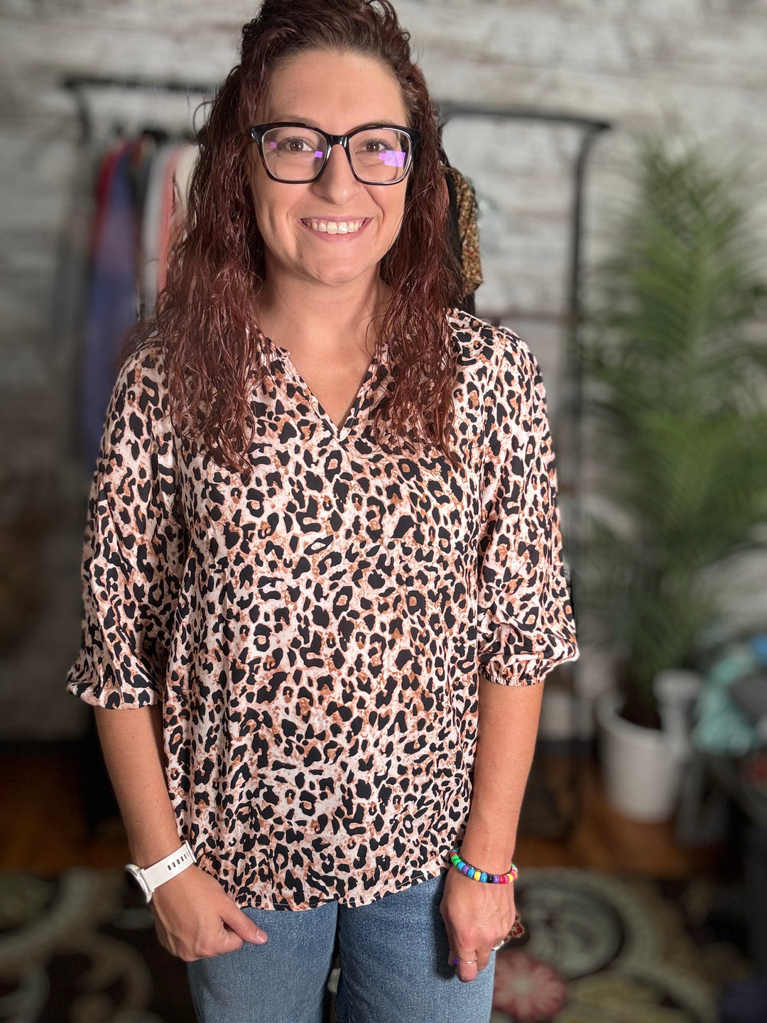 Leopard V Neck Half Sleeve Blouse