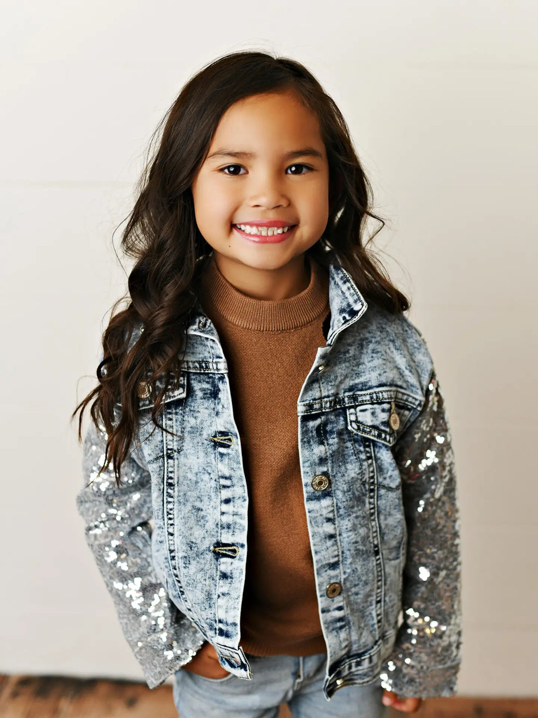 Kids Silver Sequin & Light Wash Denim Button Pocket Jacket