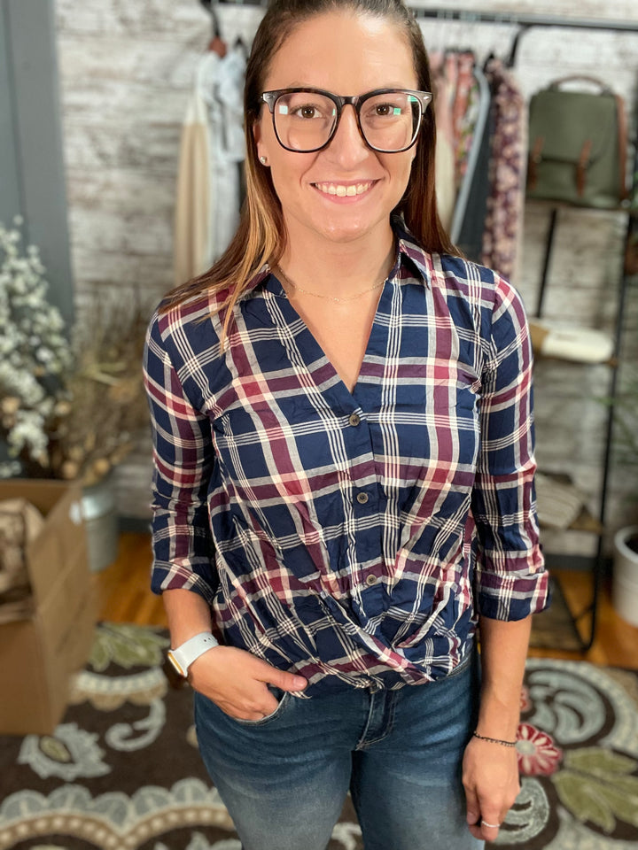 Plaid Button Down Wrap Front Top