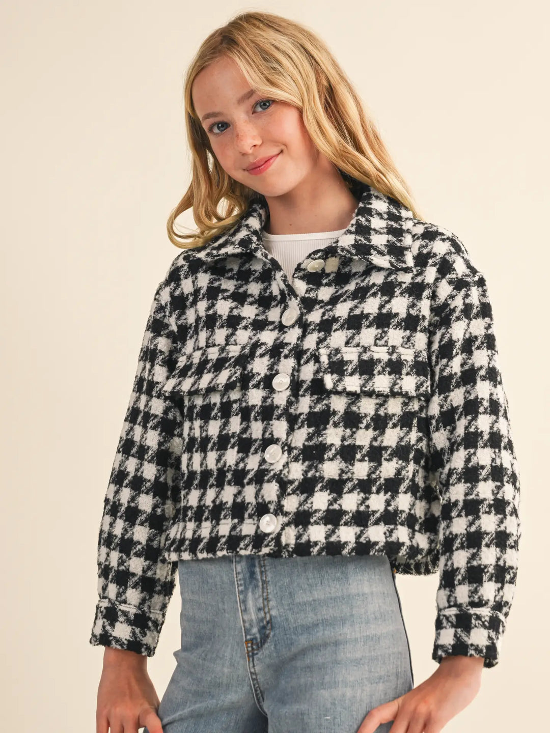 Tween Kids Girls Tweed Houndstooth Pattern Jacket