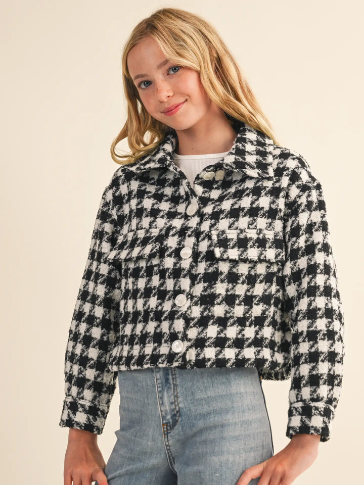 Tween Kids Girls Tweed Houndstooth Pattern Jacket