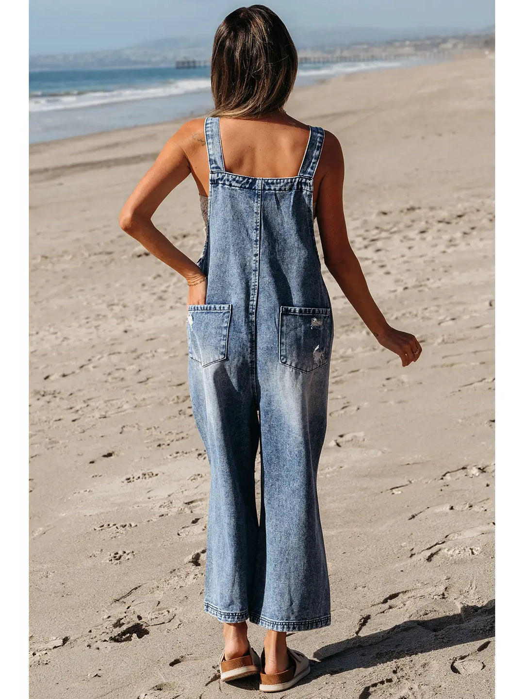 Distressed Pocketed Wide Leg Capri Denim Overall