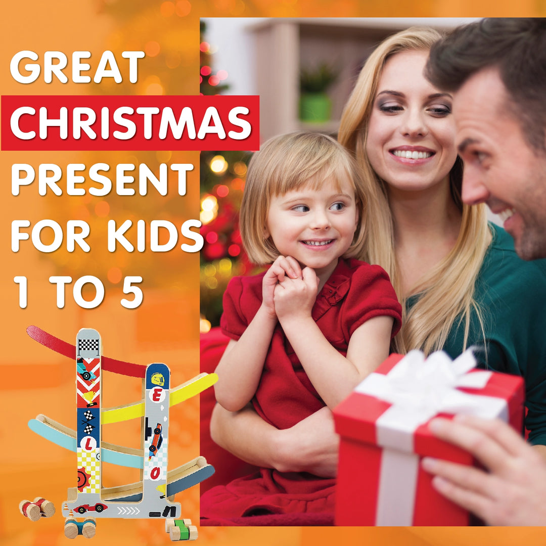 Wooden Ramp Racer Track with 4 Race Cars