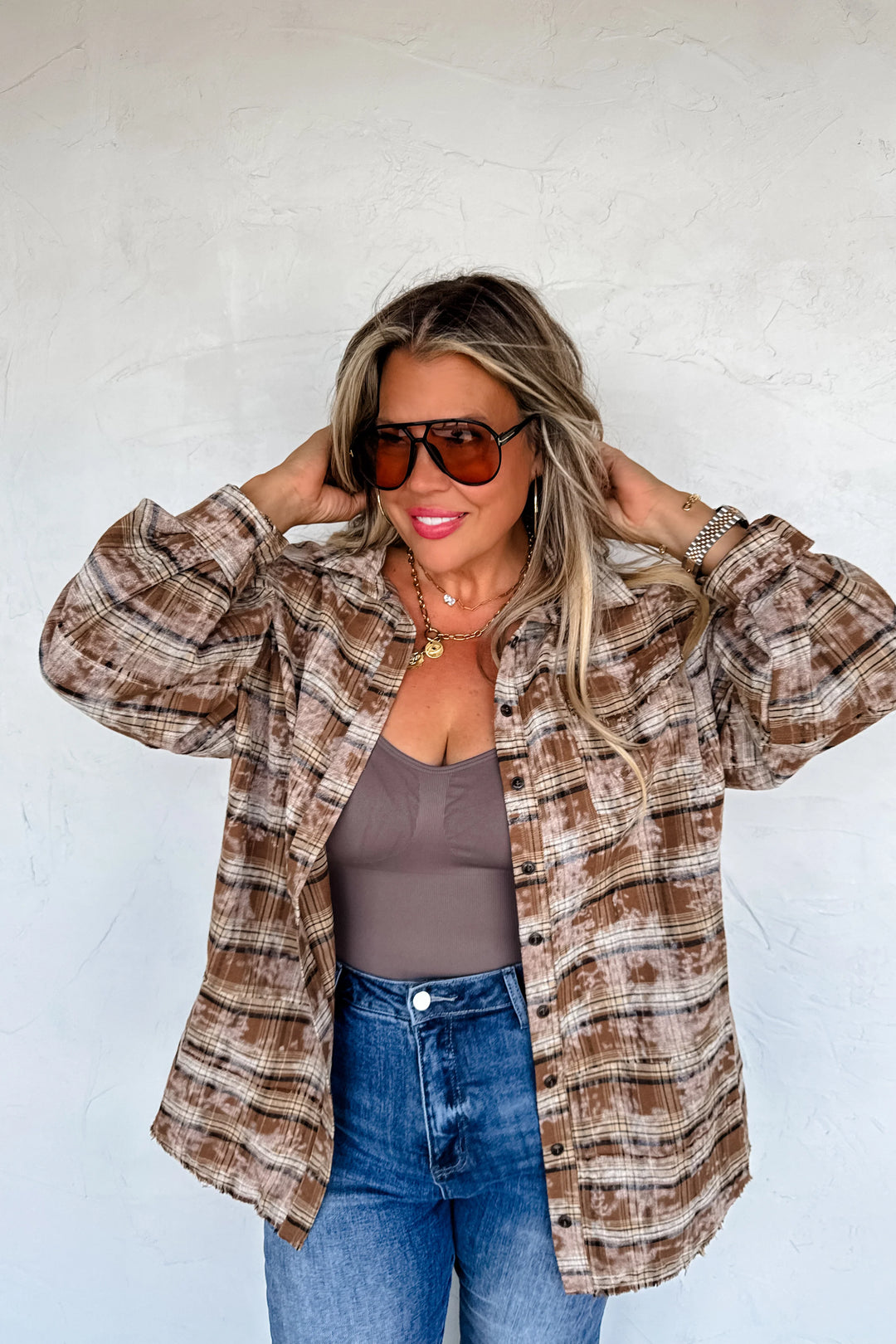 Juniper Bleached Plaid Top with Camo Sequin Bow