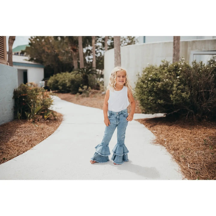 Kids Light Wash Denim Double Ruffle Jeans Pants