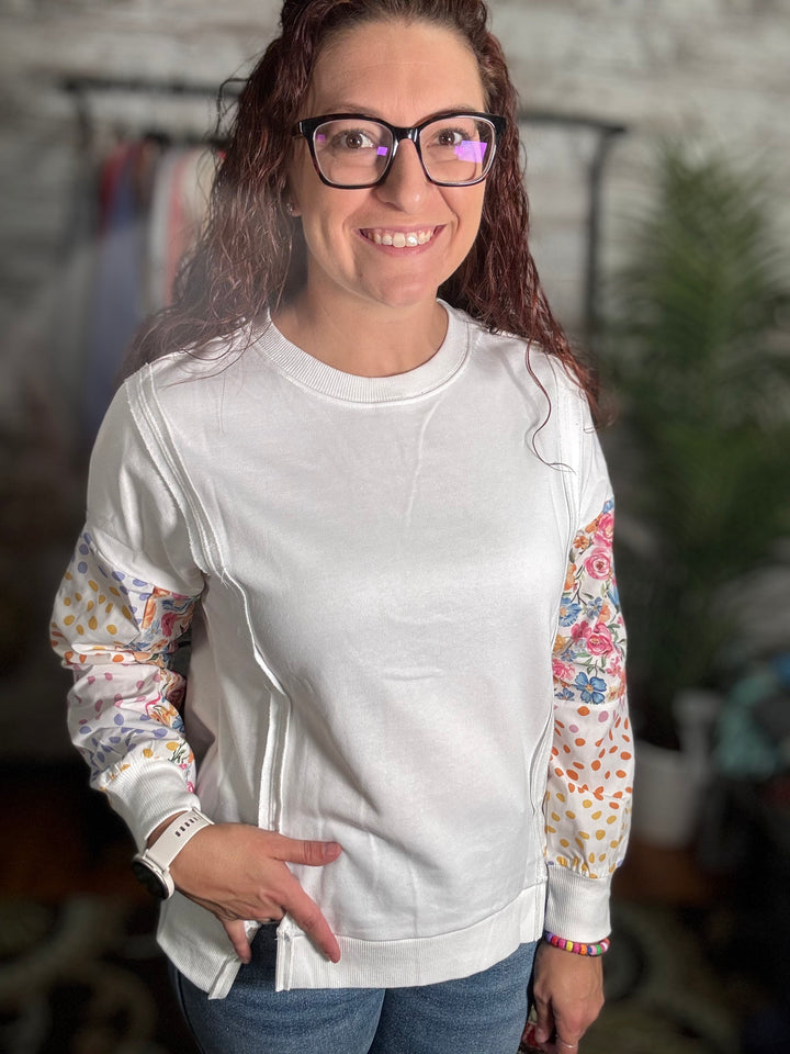 Floral Dotted Patchwork Sleeve High Low Sweatshirt