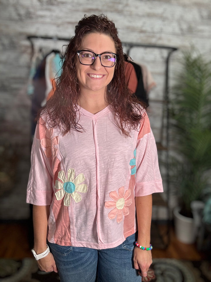 Flower Patched Exposed Seam 3/4 Sleeve Top