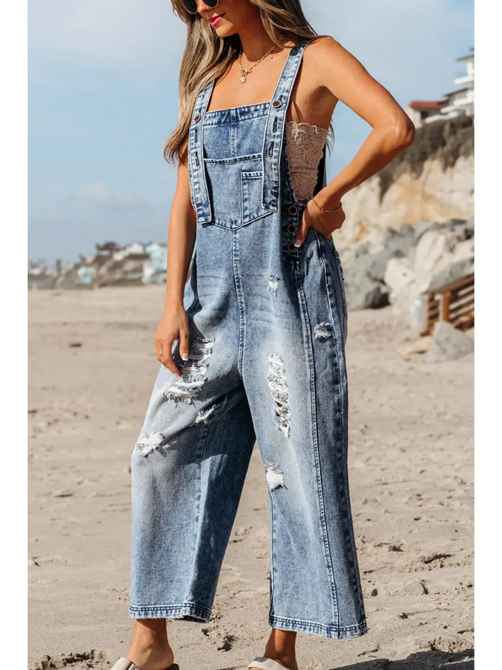 Distressed Pocketed Wide Leg Capri Denim Overall