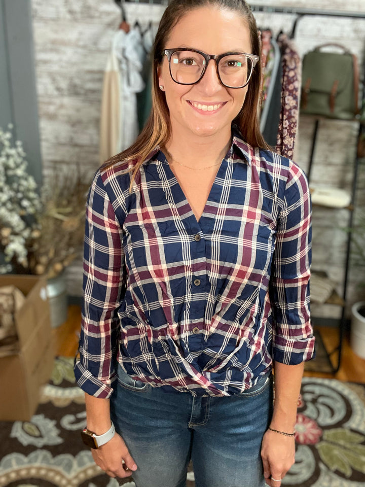 Plaid Button Down Wrap Front Top