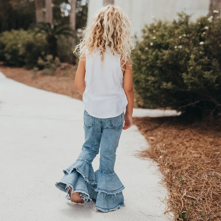 Kids Light Wash Denim Double Ruffle Jeans Pants
