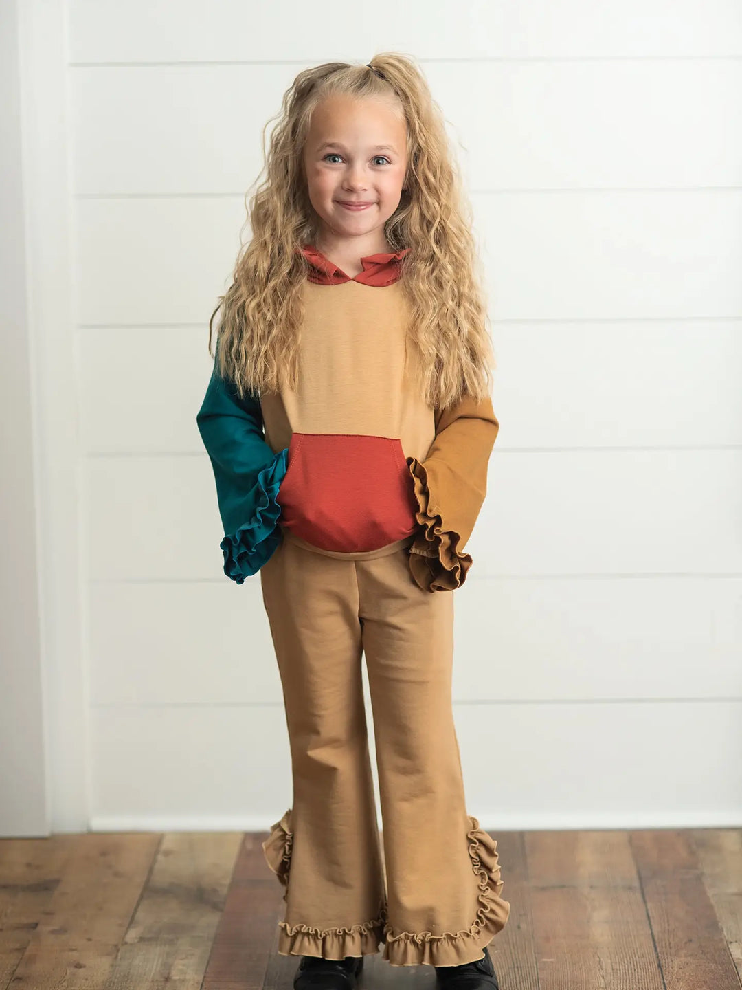 Kids Rust & Brown Color Block Hooded Ruffle Pocket Fall Set