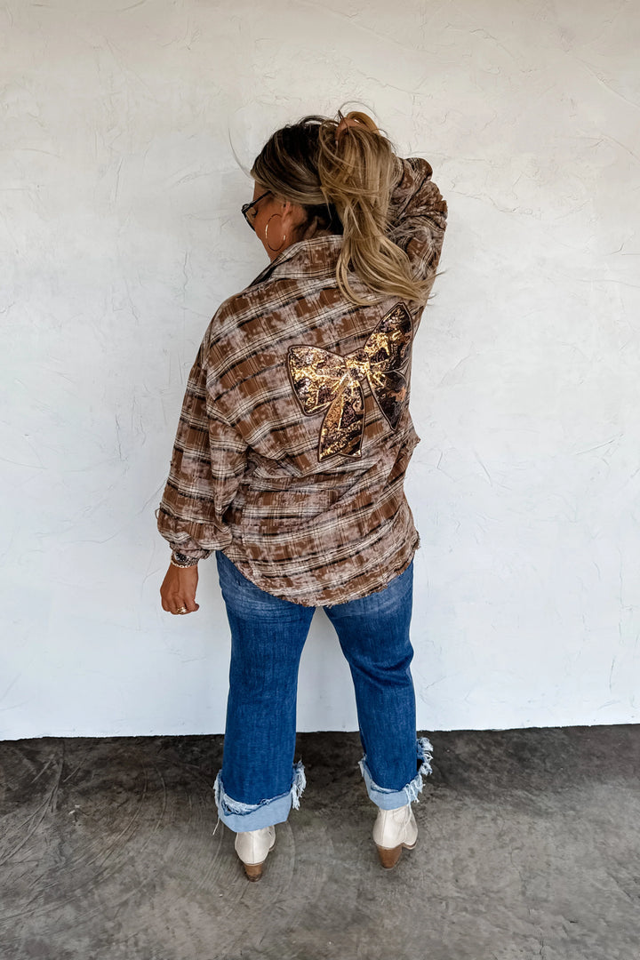 Juniper Bleached Plaid Top with Camo Sequin Bow