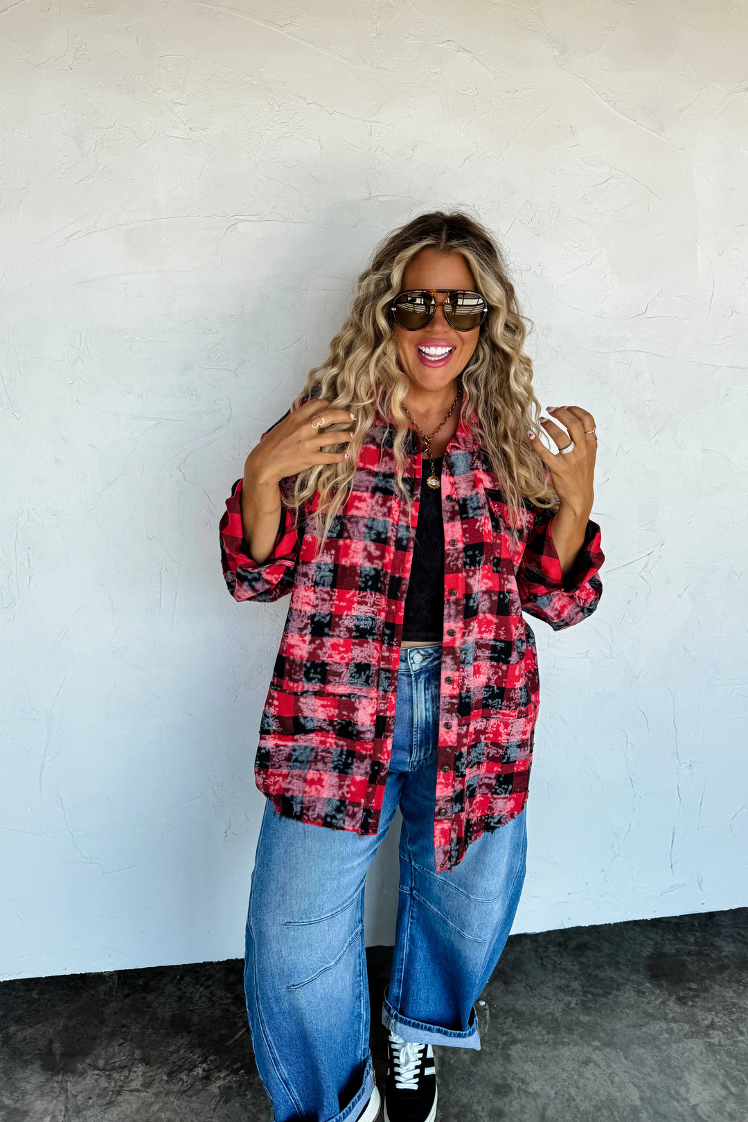 Juniper Red & Black Checkered Bleached Plaid Top