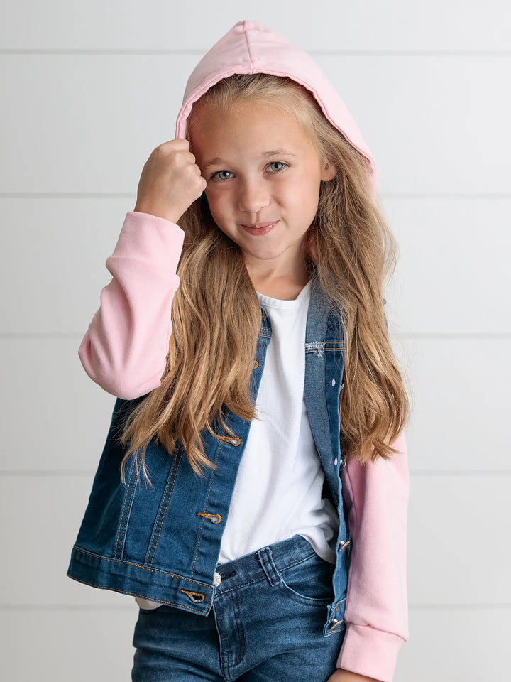 Kids Pink Hooded Denim Button Fall Winter Jacket