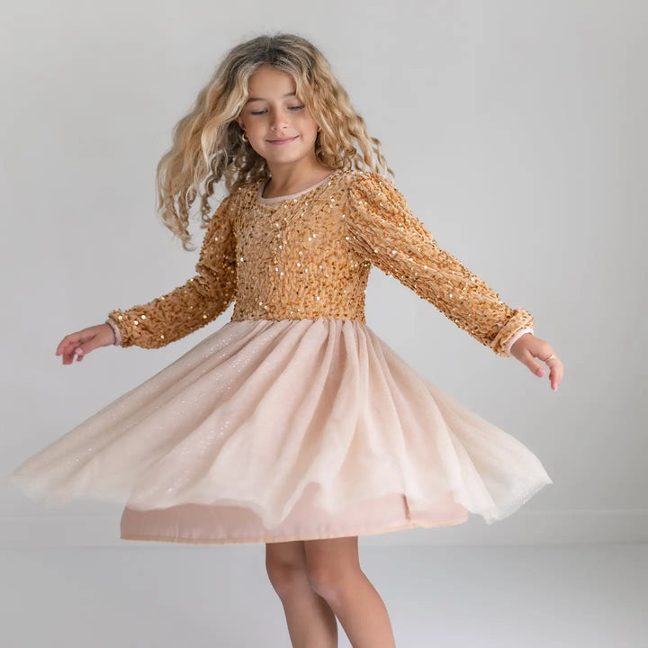 Kids Sequin Champagne Holiday Fancy Sparkle Tulle Dress