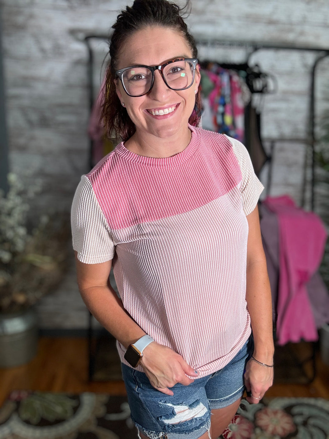 Pink Ribbed Color Block Top