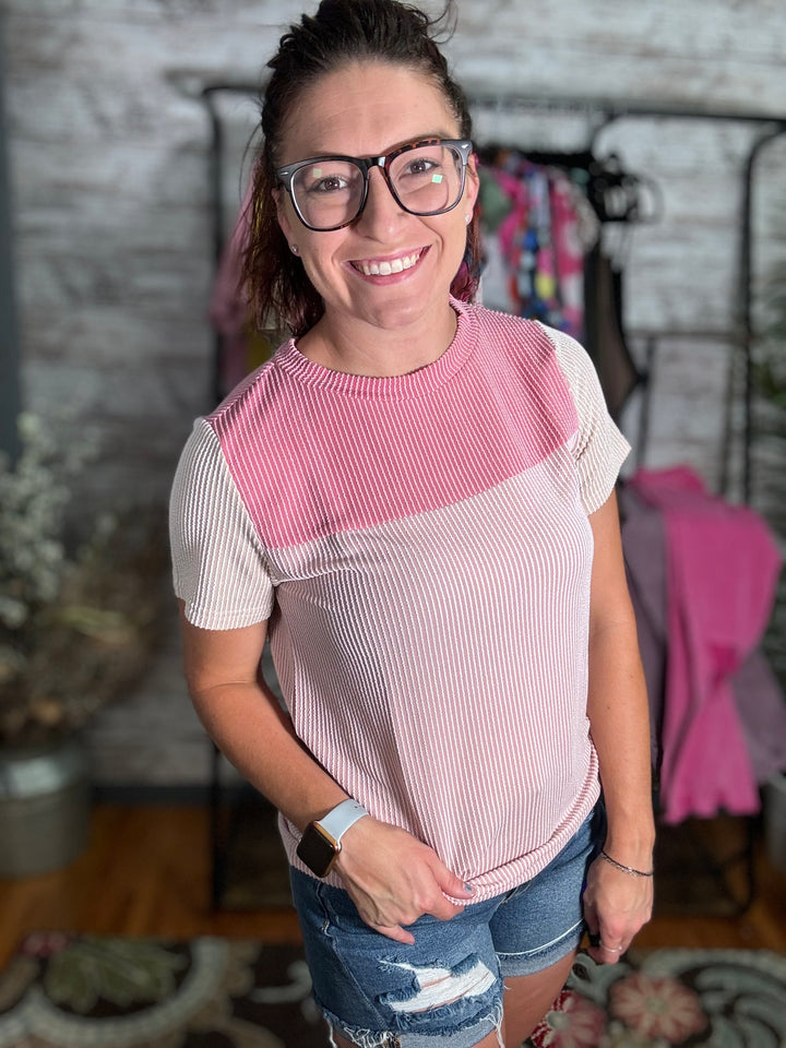 Pink Ribbed Color Block Top