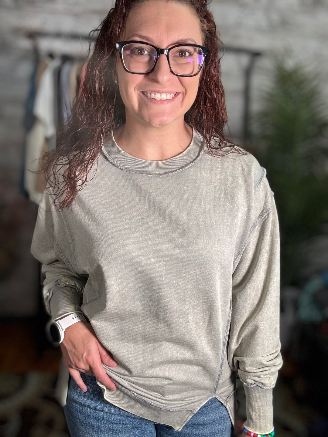 Acid Wash F/Terry Exposed-Seam Sweatshirt