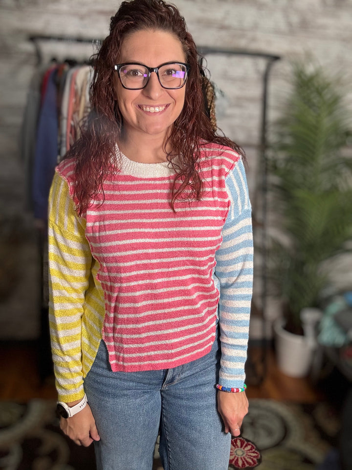 Striped Patchwork Dolman Sleeve Slit Sweater