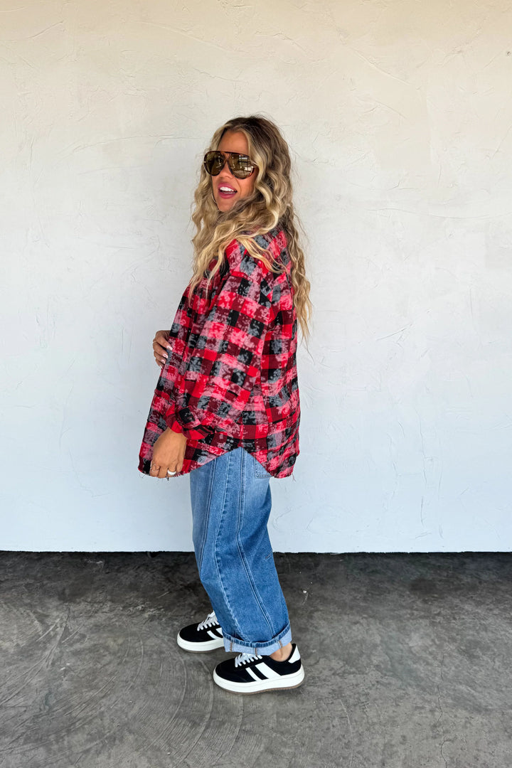 Juniper Red & Black Checkered Bleached Plaid Top