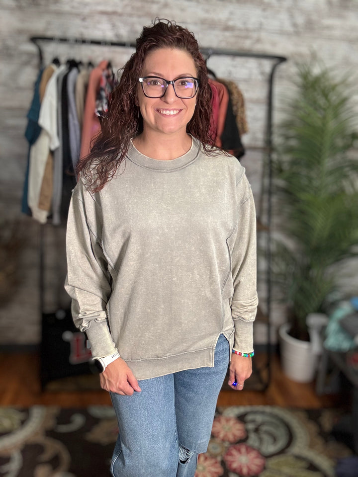 Acid Wash F/Terry Exposed-Seam Sweatshirt