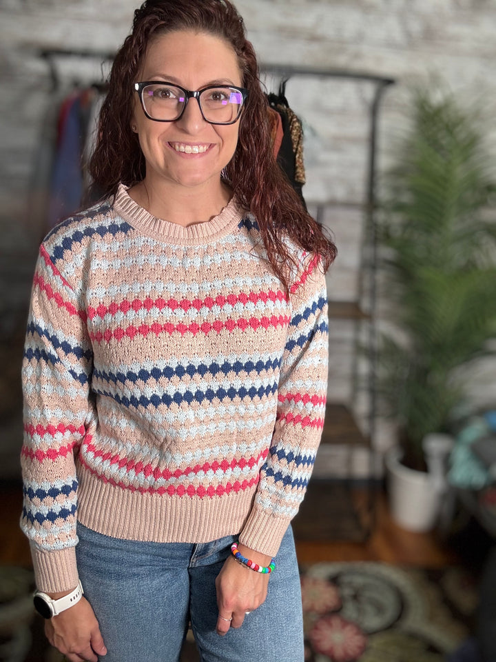 Stripe Eyelet Patterned Drop Shoulder Sweater