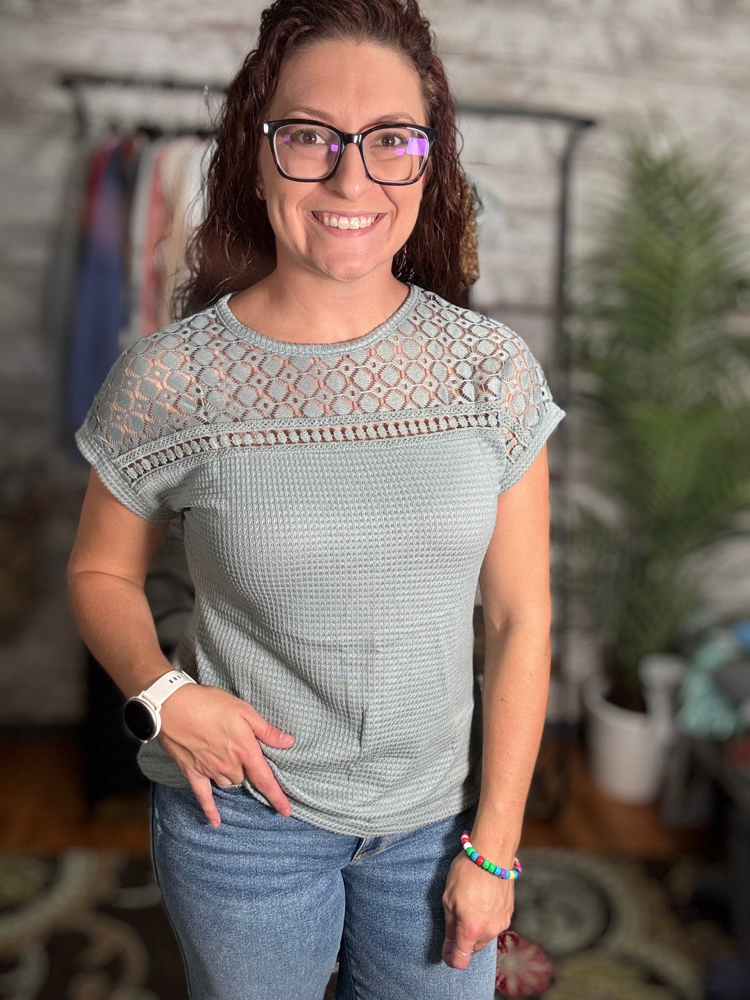 Lace Patchwork Waffle Short Sleeve Top