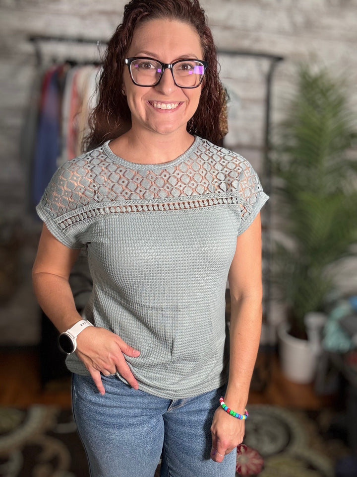 Lace Patchwork Waffle Short Sleeve Top
