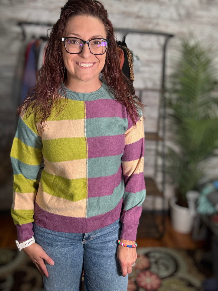 Green Stripe Drop Shoulder Ribbed Edge Sweater