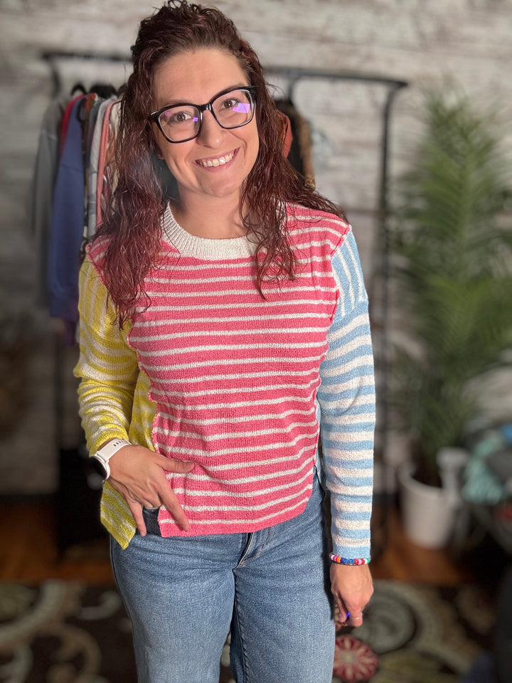 Striped Patchwork Dolman Sleeve Slit Sweater