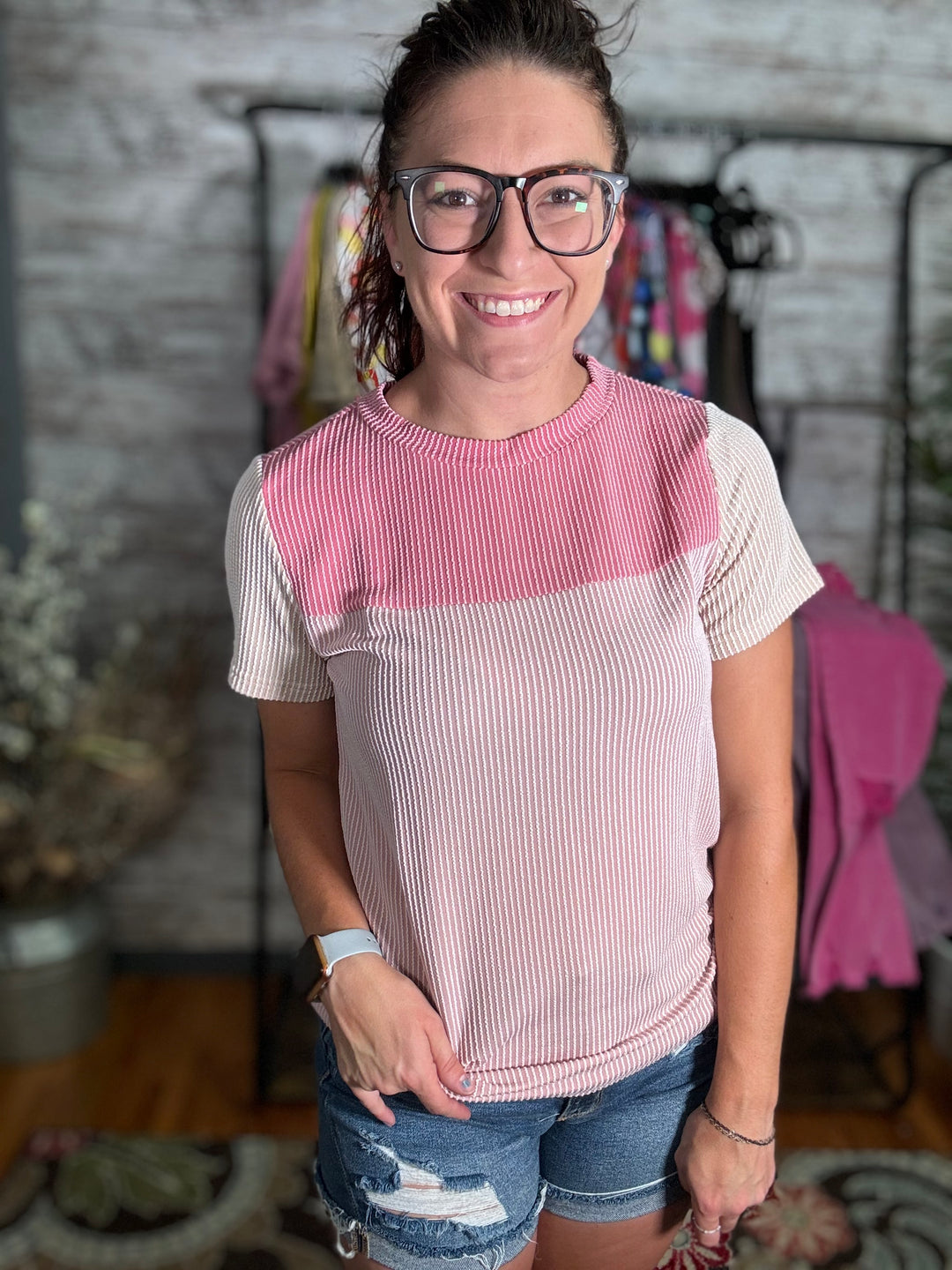 Pink Ribbed Color Block Top