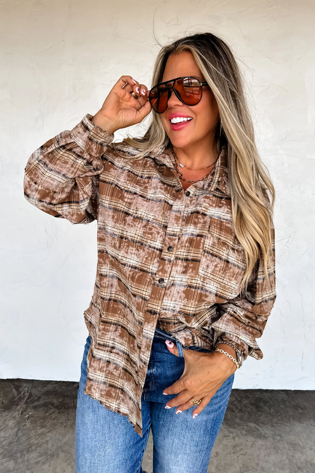 Juniper Bleached Plaid Top with Camo Sequin Bow